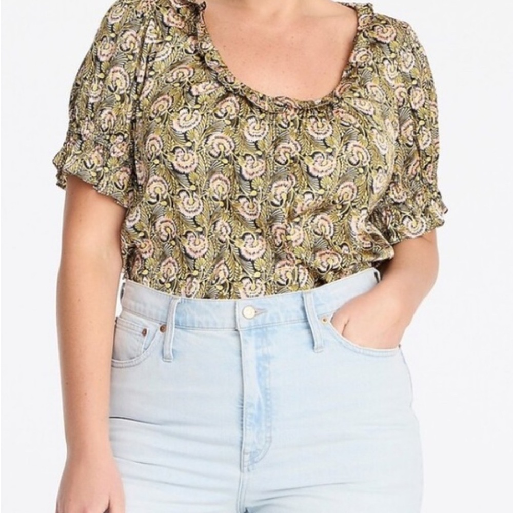 J. Crew ruffle featherweight satin scoopneck top in dandelion swirl